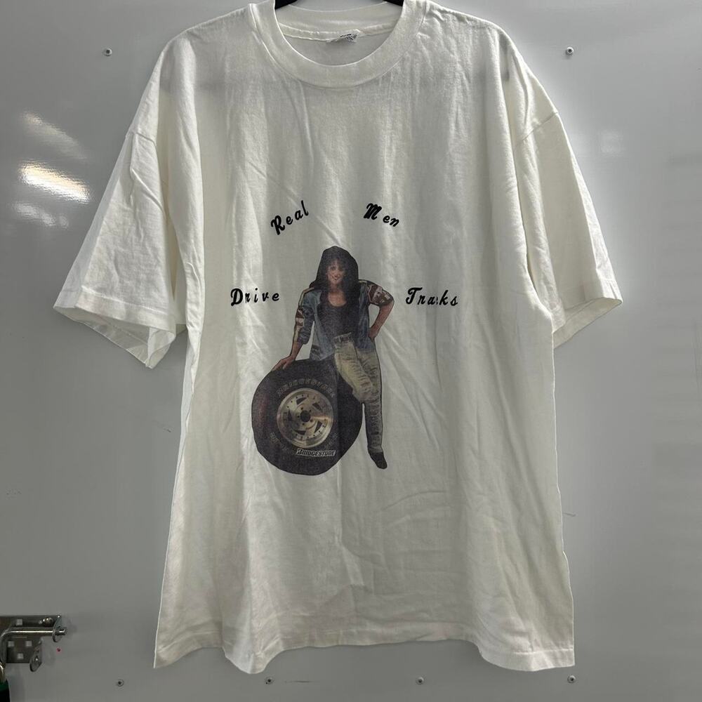 VTG White Hanes Beefy T-shirt with Real Men Drive Trucks graphic